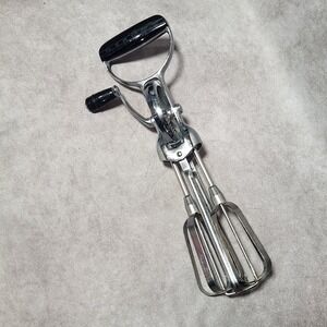 Vintage EKCO hand held crank EGG BEATER black handle Stainless Steel Hong Kong